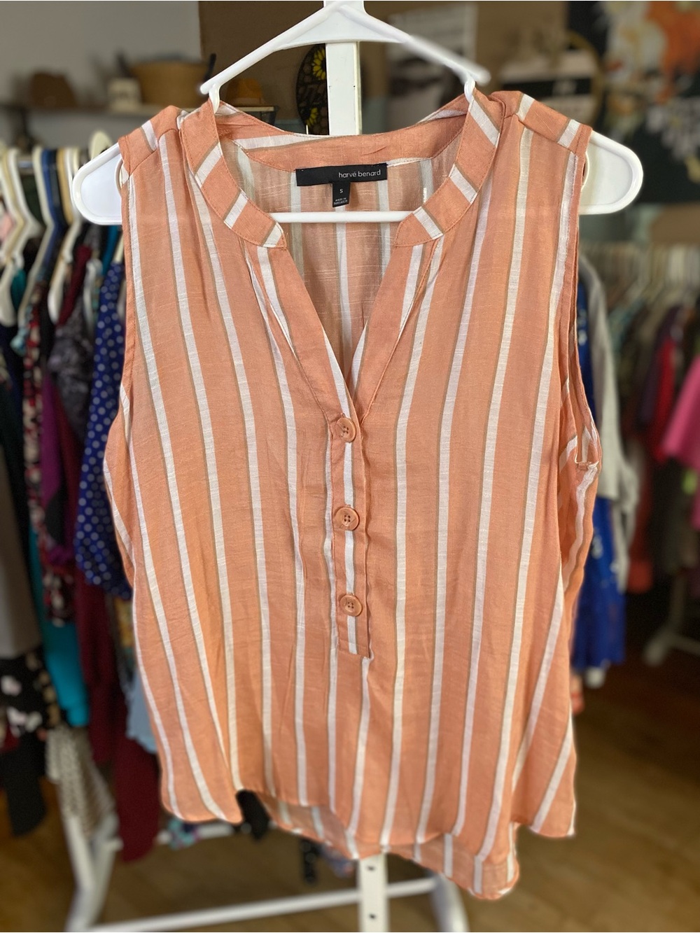 Harve Benard Peach and White Striped Sleeveless Button Front Top